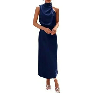 NWT PRETTYGARDEN Navy Satin Elegant Sleeveless Mock Neck Dress, Size M